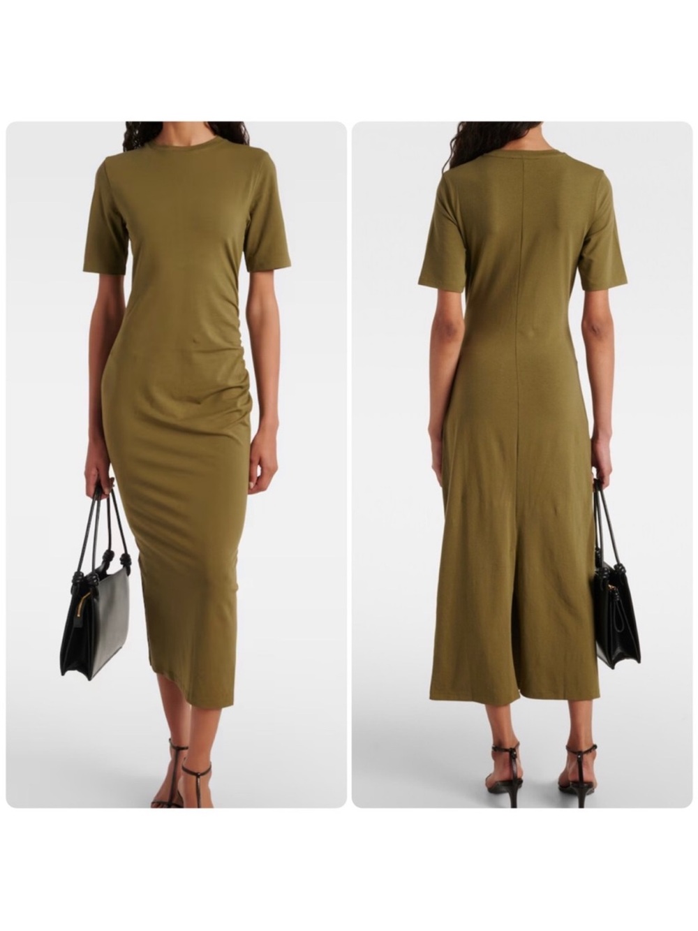 VINCE Cotton Blend Olive Side Ruched Midi Dress